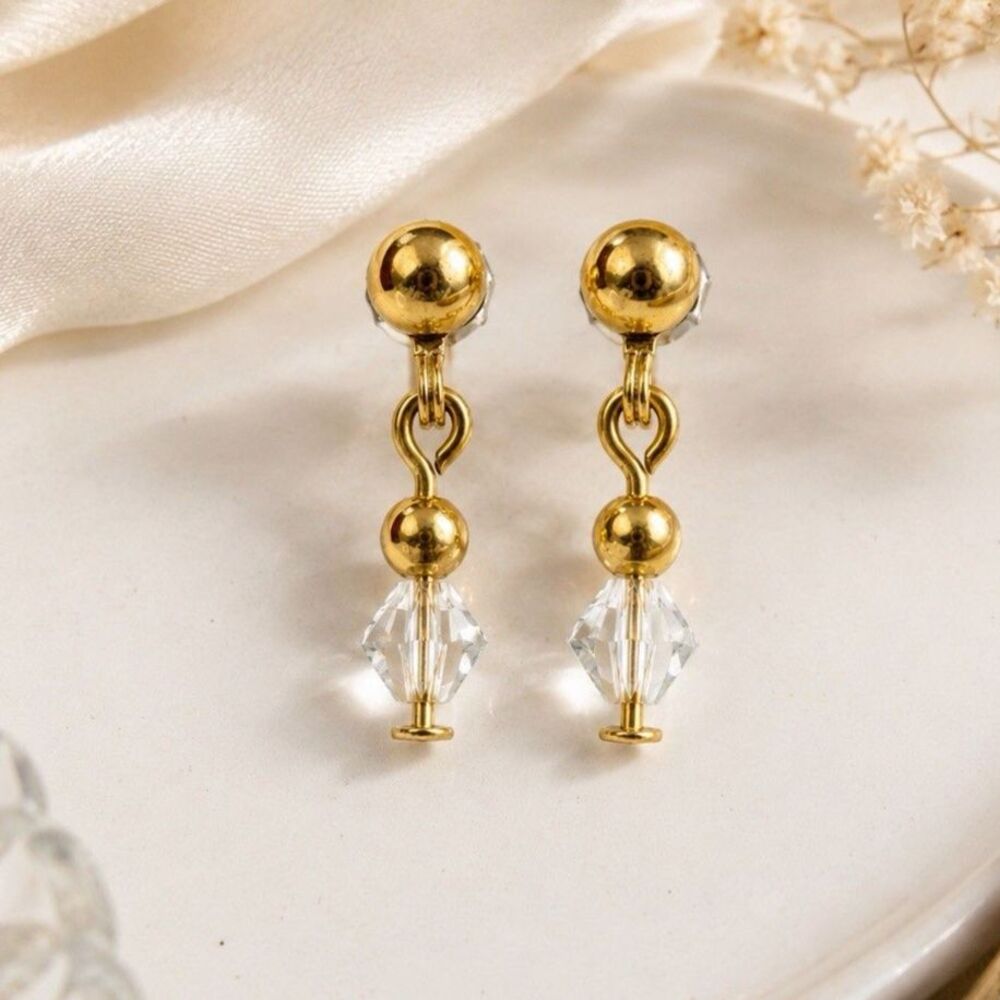 Vintage Gold Tone Crystal Drop Earrings Faceted Clear Bead Post Back
